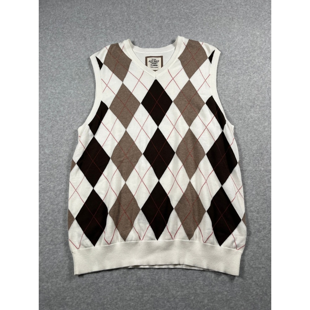 Old Navy Sweater Vest Men XL White Argyle V-Neck Preppy Light Academia Old Money